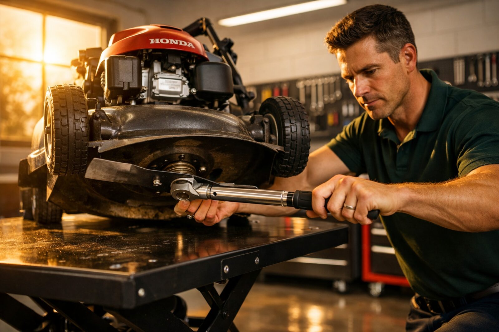 Jerry's Mowers & Mechanical workshop — mechanic servicing a Honda mower
